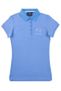 訂做藍色女裝短袖Polo恤  繡花LOGO 撞色袖邊 5粒鈕扣胸筒 直角袖 馬術表演 P1559